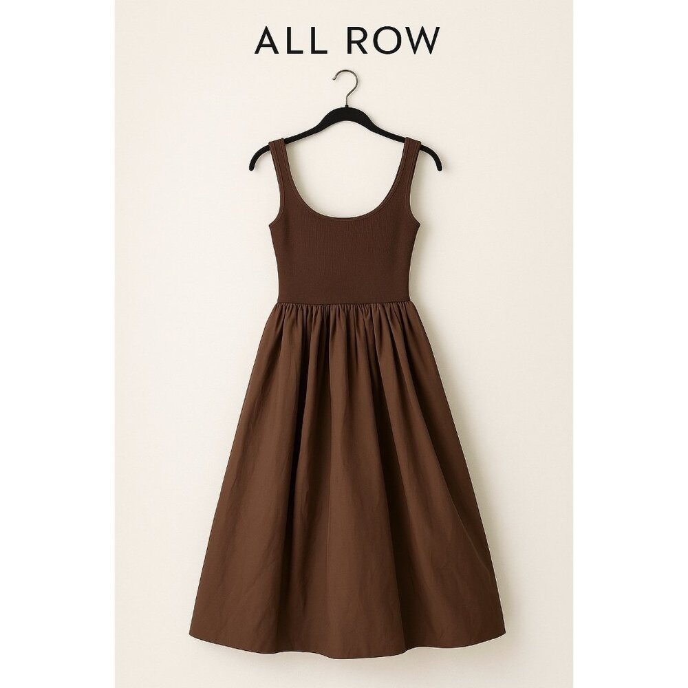 All Row The Bella Dress Brown Midi Sleeveless Round Square Neck Pockets Size S